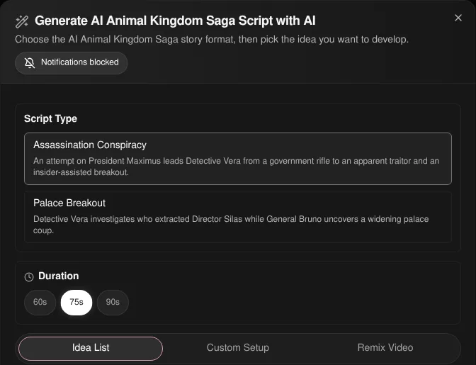 Korpi Generate AI Animal Kingdom Saga Script dialog with the Assassination Conspiracy and Palace Breakout storylines and 60, 75 and 90 second lengths