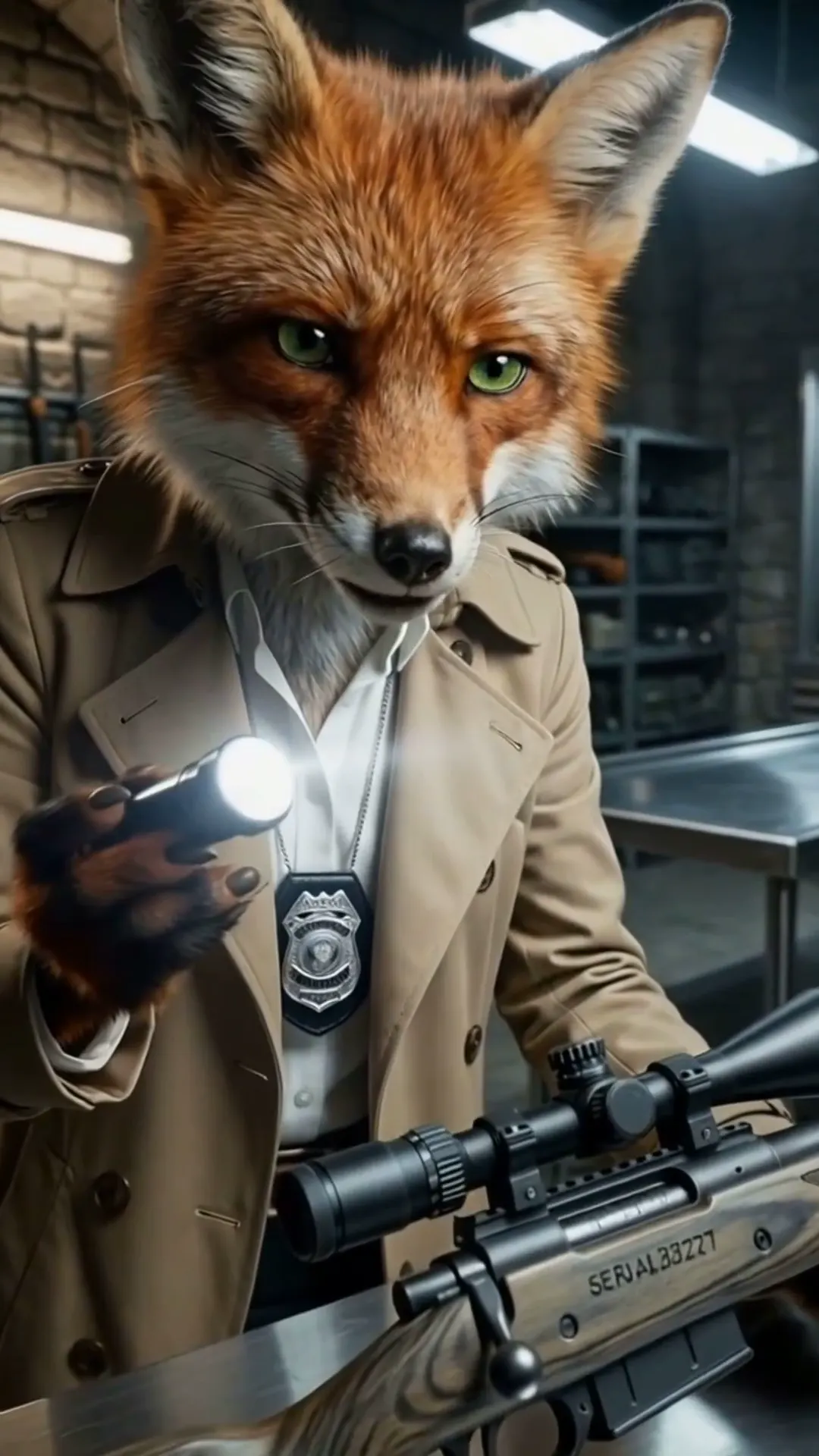 Scene from the Korpi animal drama example: Detective Vera the fox in a trench coat inspecting a rifle with a flashlight