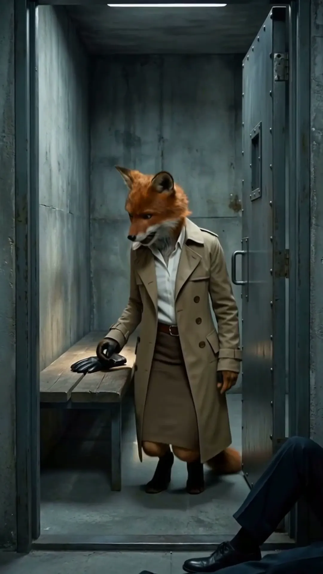 Final scene of the Korpi animal drama example: Detective Vera standing in an empty high-security cell after the breakout