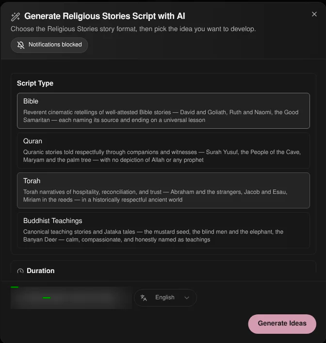Korpi Generate Religious Stories Script dialog with the Bible, Quran, Torah and Buddhist Teachings script types
