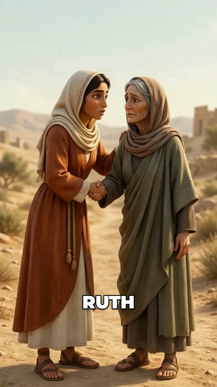 Ruth holding Naomi by the hands on a dusty road outside a stone town