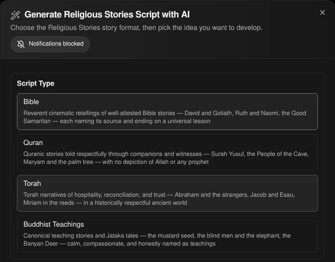 Korpi Generate Religious Stories Script dialog with the Bible script type selected above Quran, Torah and Buddhist Teachings