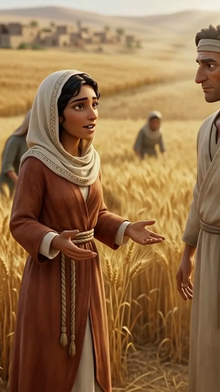 Ruth speaking with a field worker in a golden barley field at harvest