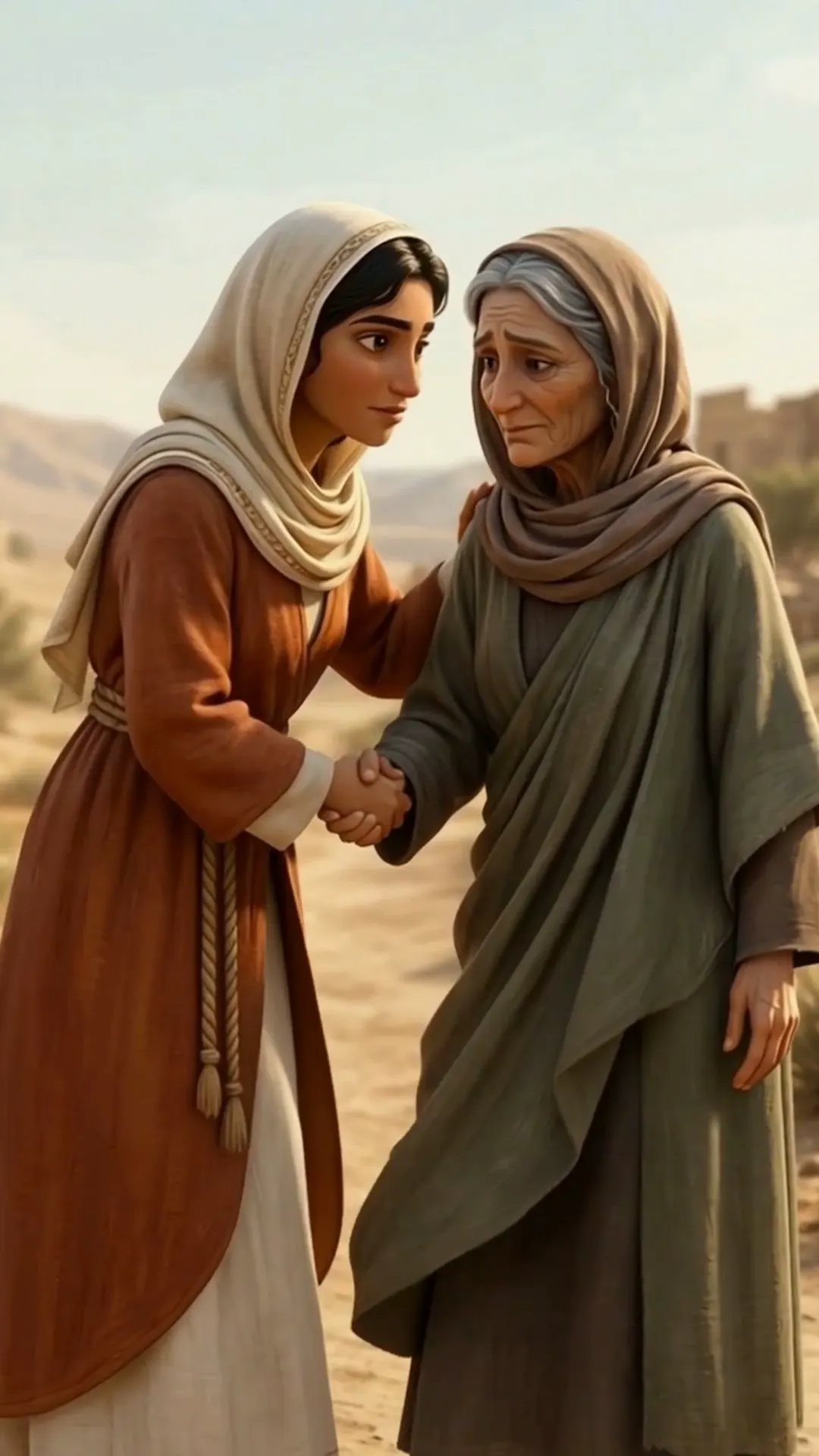 Scene from the Korpi Bible story example: Ruth holding Naomi's hands on the dusty road outside the village