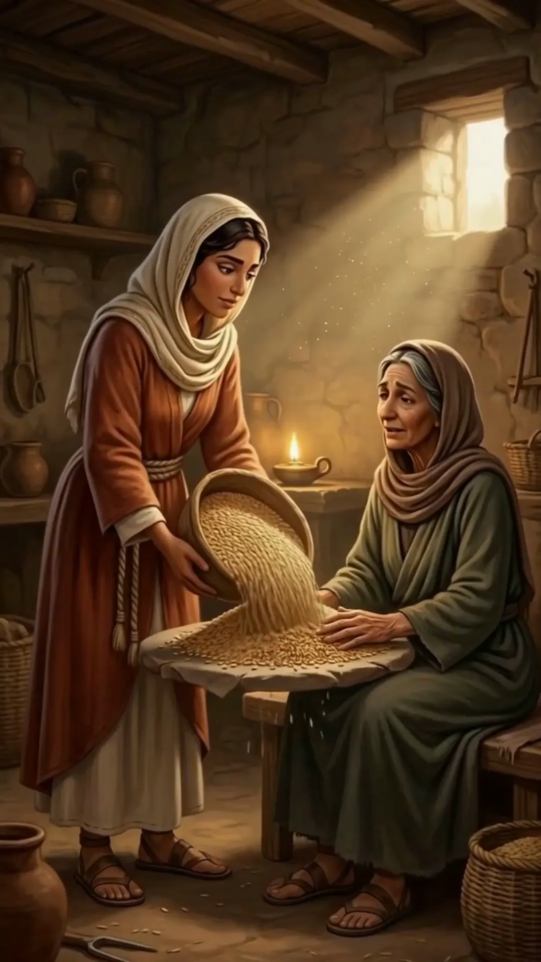 Final scene of the Korpi Bible story example: Ruth pouring a basket of gleaned barley into Naomi's lap by lamplight