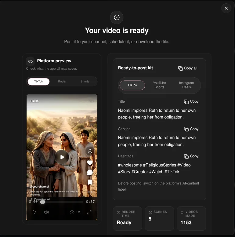 Korpi Your video is ready screen for a five-scene Ruth and Naomi Bible story with a ready-to-post title and hashtags