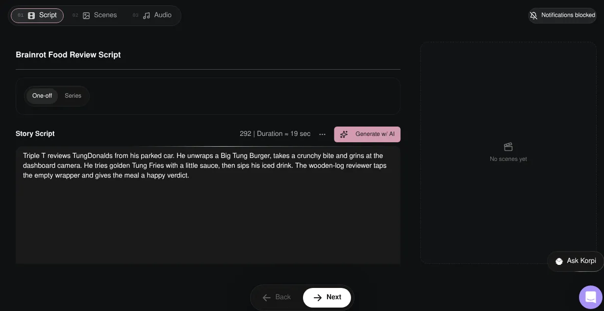 Korpi Brainrot Food Review Script tab with a configured script
