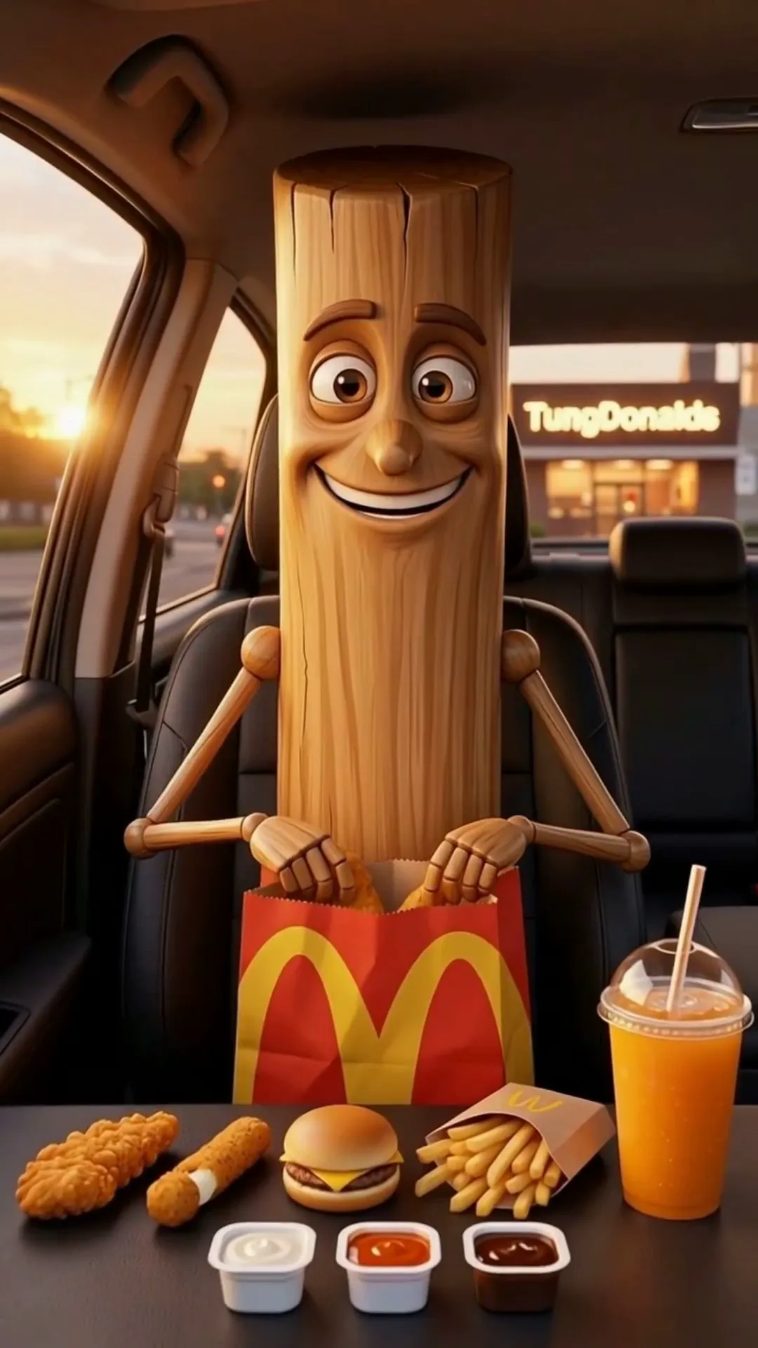 Frame from Korpi’s existing wooden-log Brainrot Food Review example