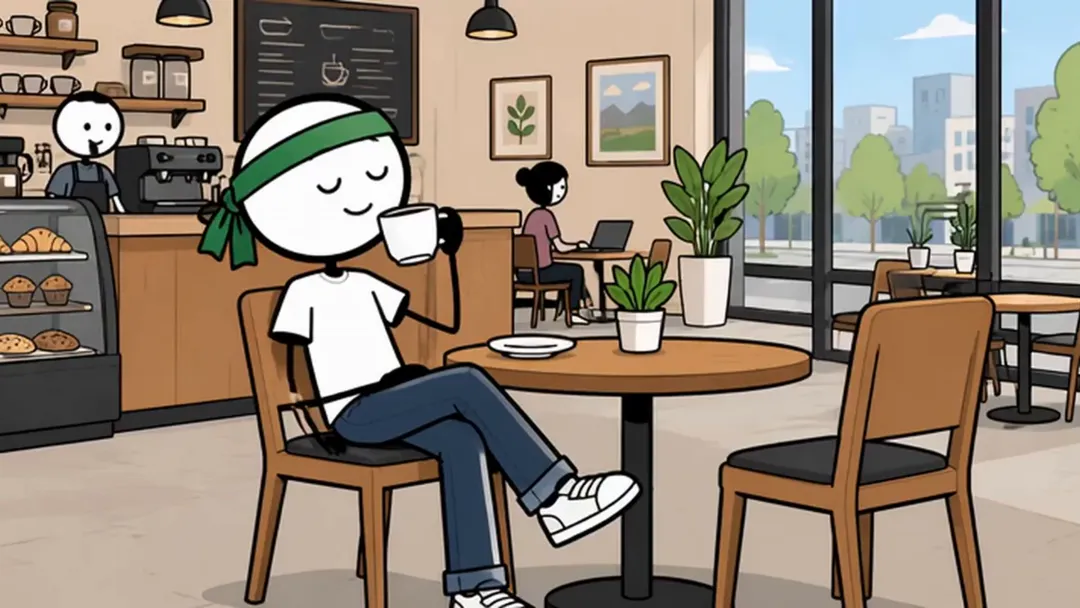 Stickman Finance character drinking coffee in a café in the existing public example