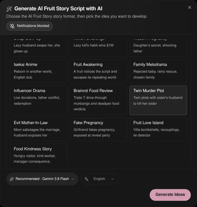 Korpi AI Fruit Story script dialog with the Fruit Love Island style listed next to Fake Pregnancy and Brainrot Food Review