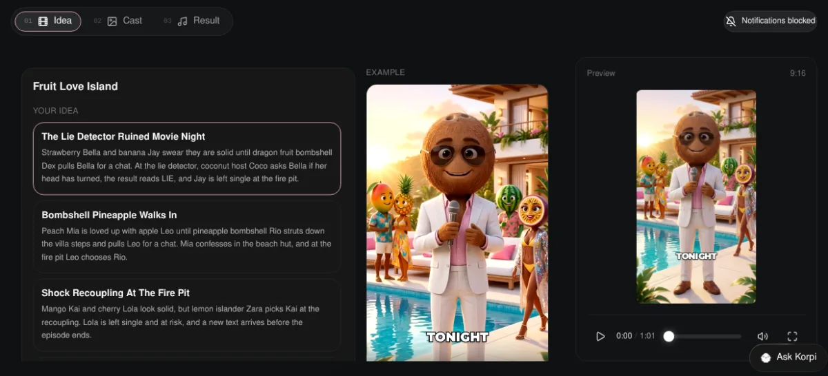 Korpi Fruit Love Island Idea tab with five villa episode ideas and the example video