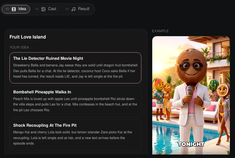 Korpi Fruit Love Island Idea step listing The Lie Detector Ruined Movie Night, Bombshell Pineapple Walks In and Shock Recoupling At The Fire Pit, with the example video beside it