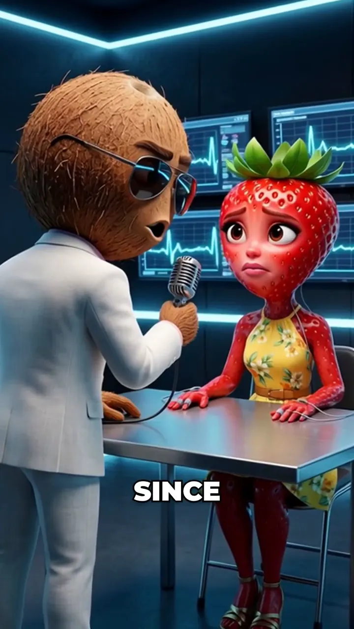 Coconut host Coco holding a microphone to strawberry Bella in the lie detector room