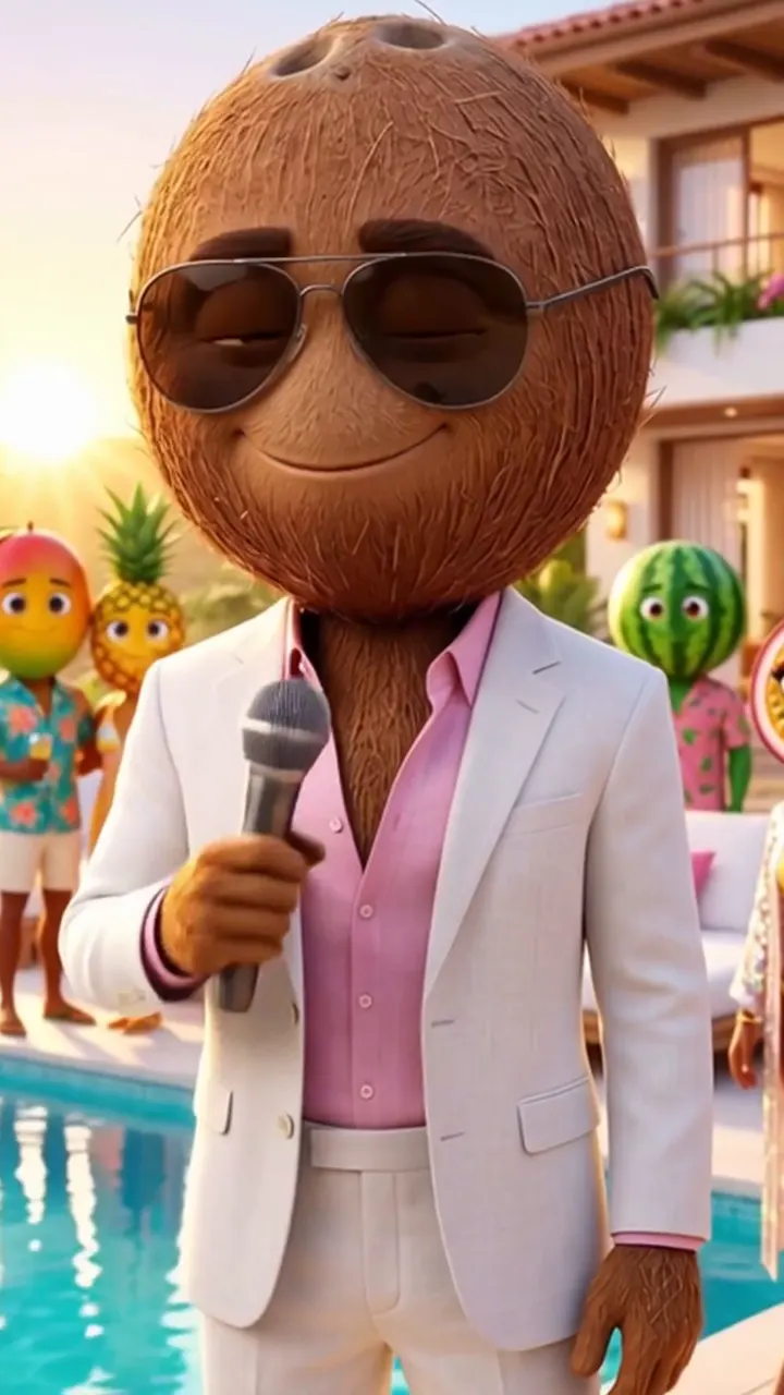 Scene from a Korpi Fruit Love Island episode: a coconut host in sunglasses holds a microphone by the villa pool with fruit islanders behind him