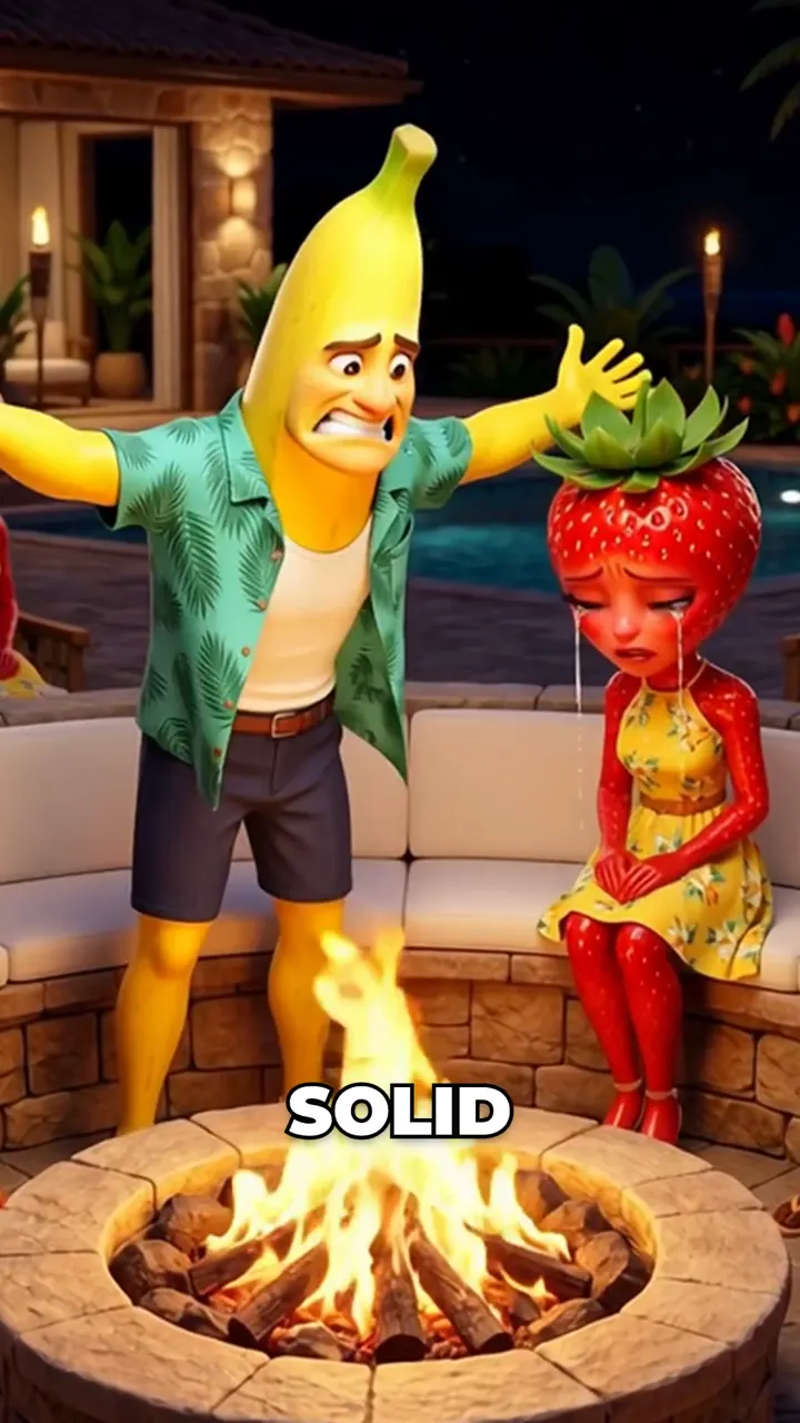 Frame from the finished Korpi Fruit Love Island video: a banana islander and a crying strawberry at the fire pit with the caption SOLID