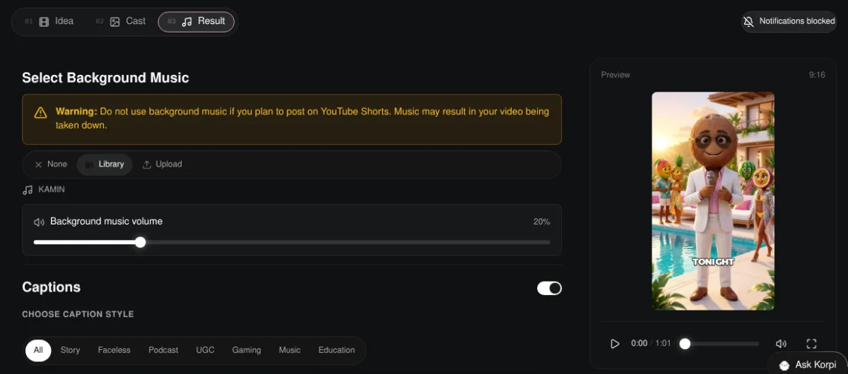 Korpi Result tab with background music set to KAMIN at 20 percent and captions switched on
