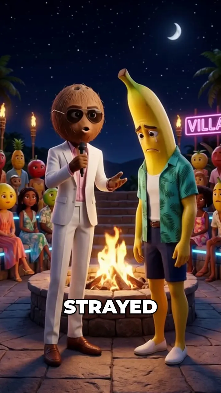 Final Fruit Love Island video frame: host Coco and banana Jay at the fire pit at night