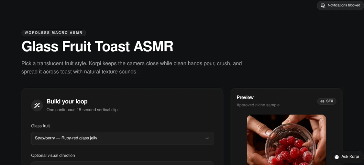Korpi Glass Fruit Toast ASMR creator with the Build your loop form and the example preview