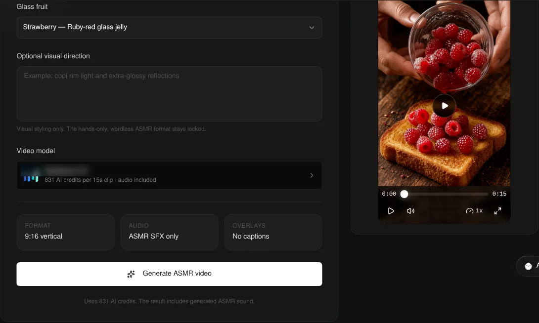 Korpi Glass Fruit Toast ASMR settings with Strawberry glass jelly selected, 9:16 vertical, ASMR SFX only, No captions and the AI credit cost under the Generate ASMR video button