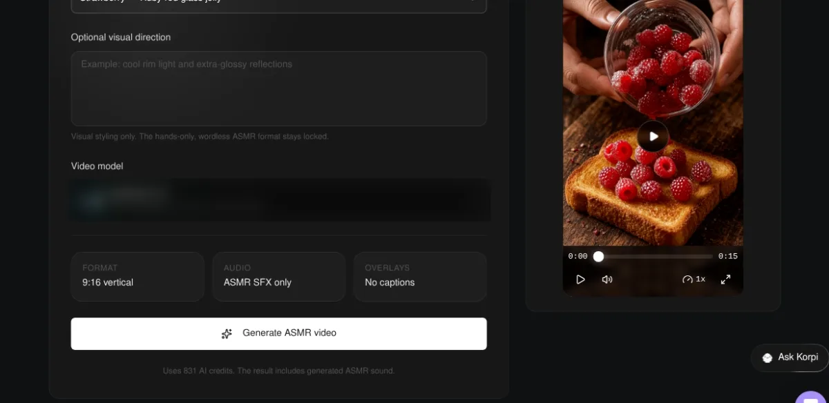 Optional visual direction box, fixed 9:16, ASMR SFX only and No captions tiles, and the Generate ASMR video button