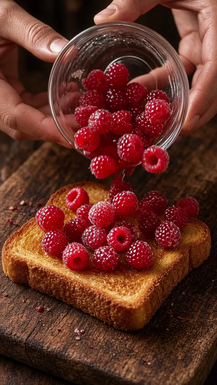 Hands pouring translucent glass-jelly raspberries from a glass bowl onto a slice of toast