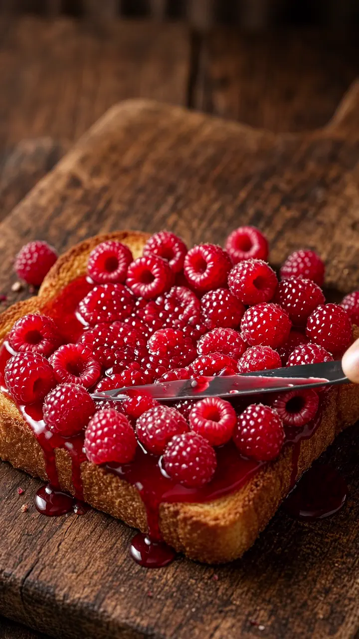 Glass-jelly raspberries crushed and spread like glossy red jam across toast with a knife