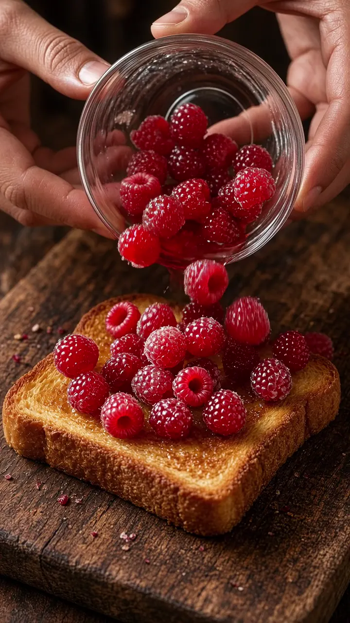 Hands pouring translucent raspberry glass jelly from a glass bowl onto toast on a wooden board