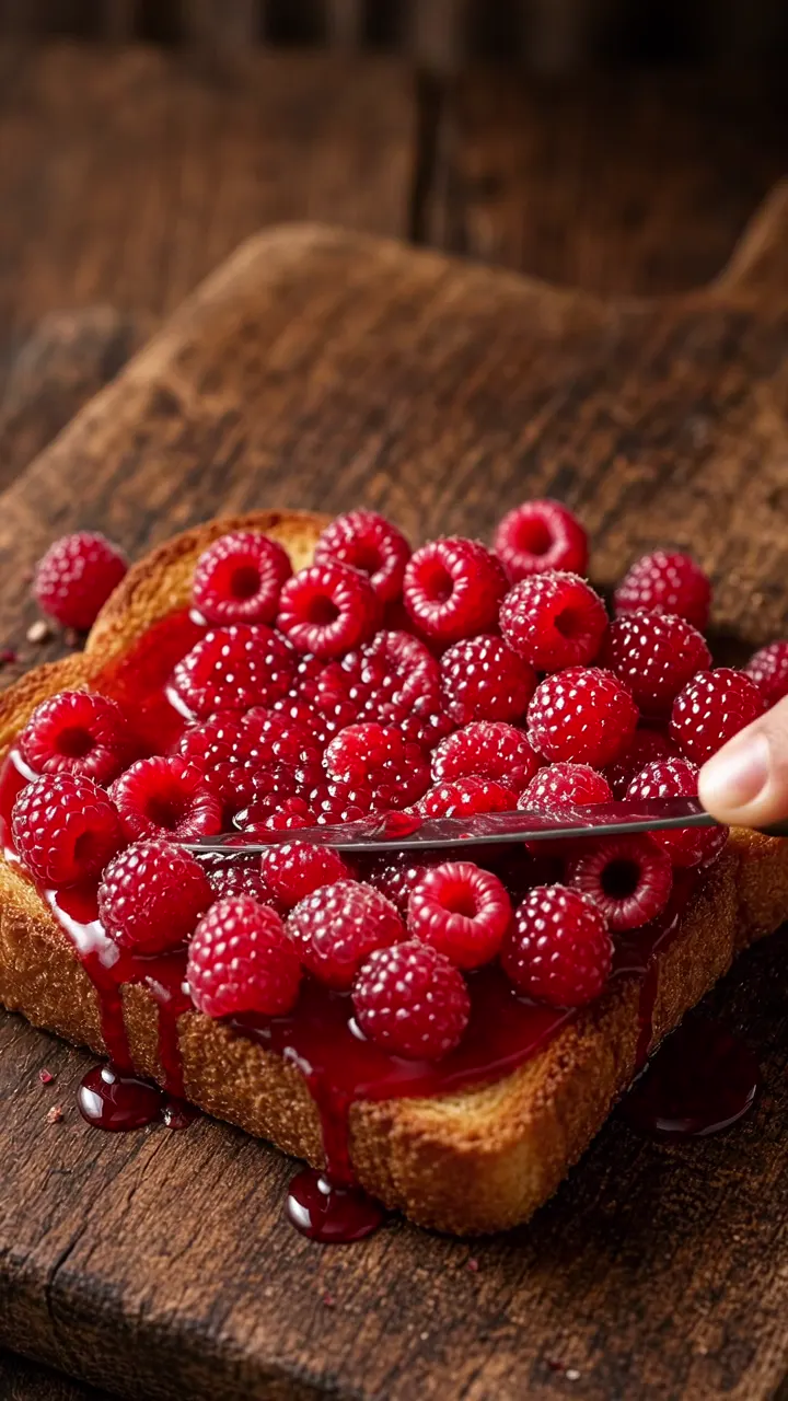 A butter knife spreading crushed raspberry glass jelly across toast