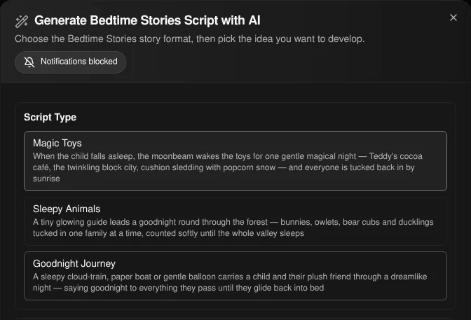 Korpi Generate Bedtime Stories Script dialog listing the Magic Toys, Sleepy Animals and Goodnight Journey arcs