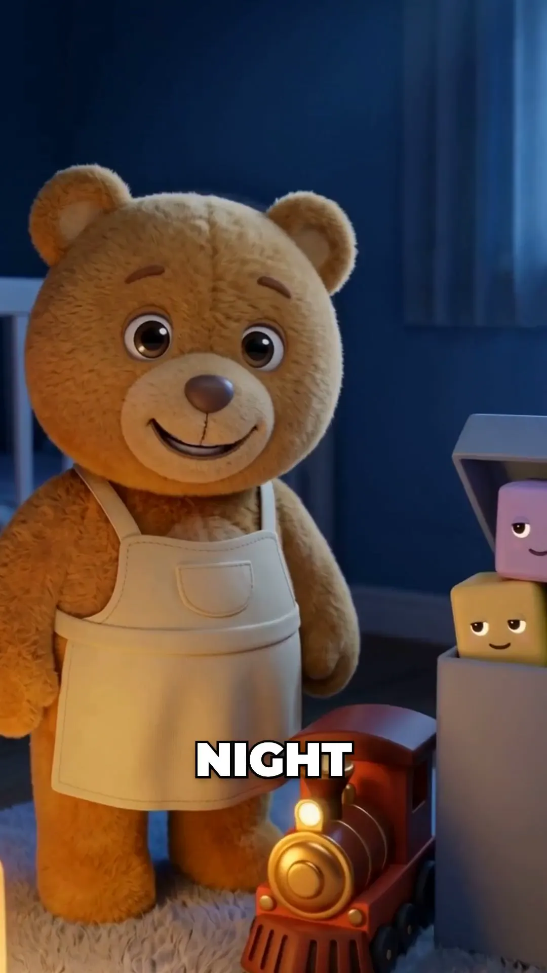 Scene from the Korpi bedtime story example: a plush teddy bear in an apron serving cocoa at a tiny table in a moonlit nursery