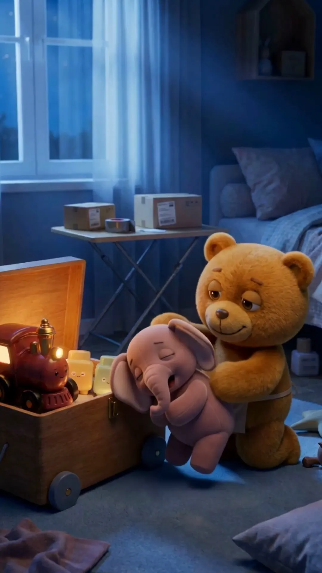 Final scene of the Korpi bedtime story example: Teddy tucking the elephant and the toys back into the toy box in the moonlit bedroom