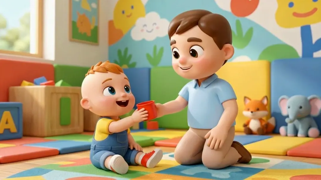 Widescreen frame from the Korpi Toddler Lessons example: Daddy kneeling to hand Pipo a red cup in a bright playroom