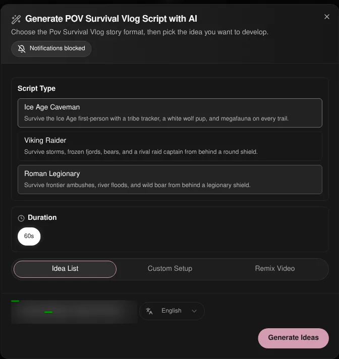 Korpi Generate POV Survival Vlog Script dialog with Ice Age Caveman, Viking Raider and Roman Legionary script types