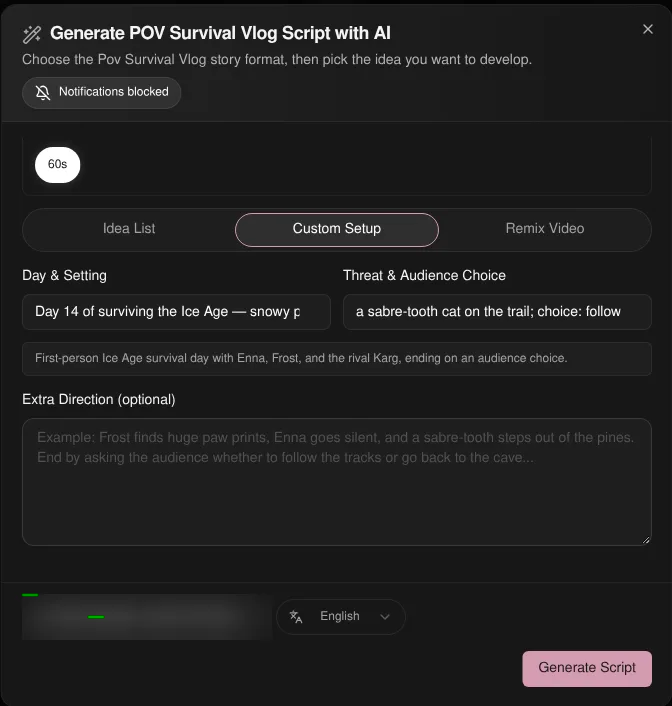 Korpi Custom Setup tab with Day and Setting, Threat and Audience Choice and Extra Direction fields