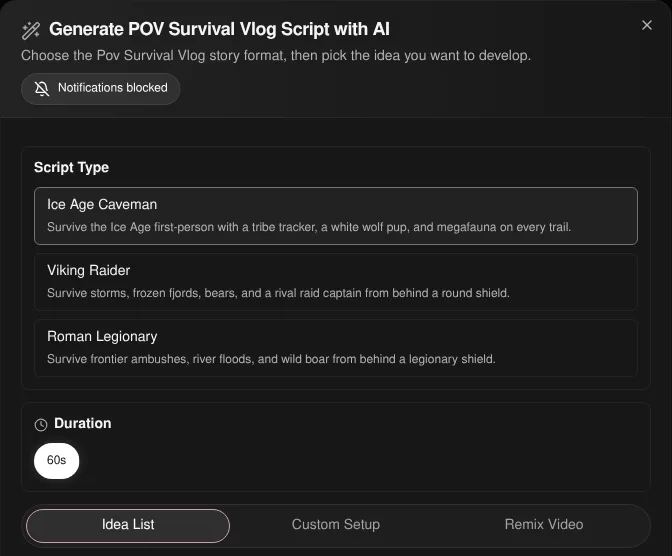 Korpi Generate POV Survival Vlog Script dialog listing the Ice Age Caveman, Viking Raider and Roman Legionary script types