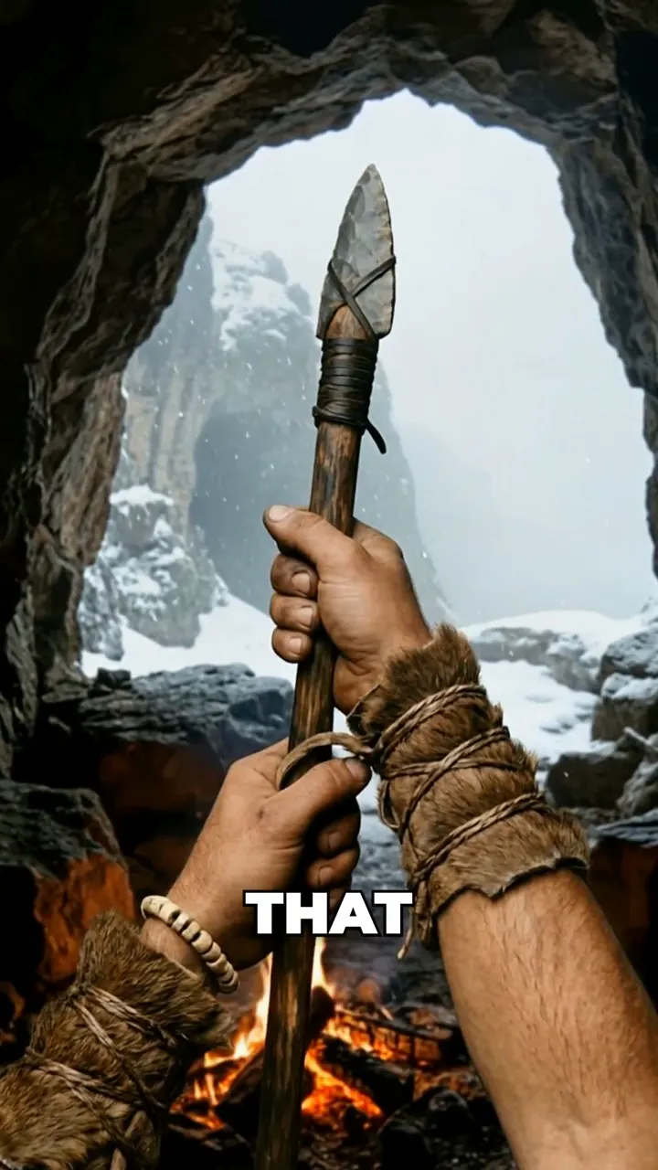First-person view of fur-wrapped hands holding a stone spear at a cave mouth over a campfire