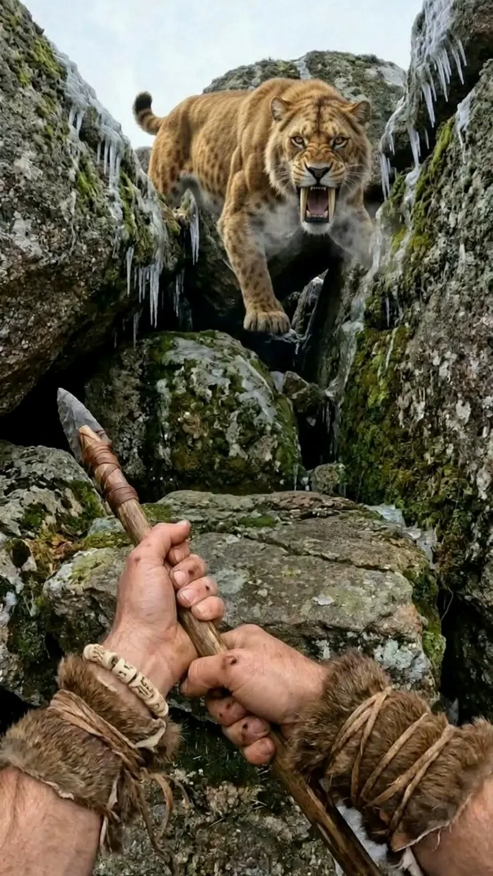 First-person view of a spear raised as a sabre-tooth cat leaps from rocks above
