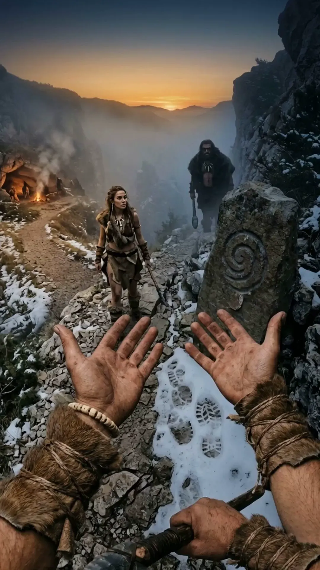 Final frame of the Korpi POV history example: the survivor's open hands on a snowy mountain path with Enna ahead and the rival Karg behind her at dusk