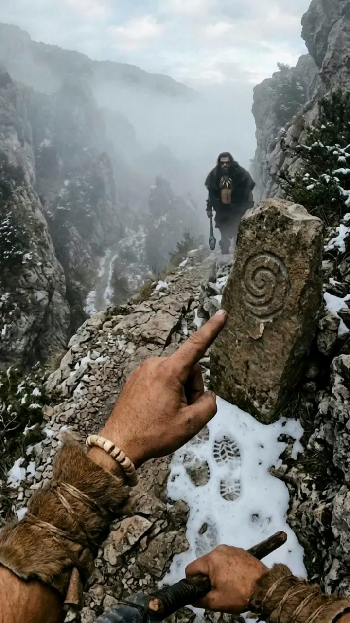 First-person hand pointing at a spiral carved into a standing stone beside paw tracks in the snow