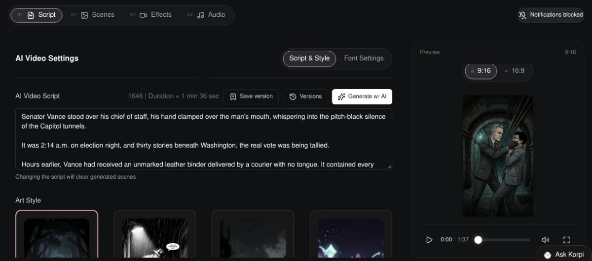 Korpi Horror AI Story Script tab with a horror script in the AI Video Script box and the Art Style grid