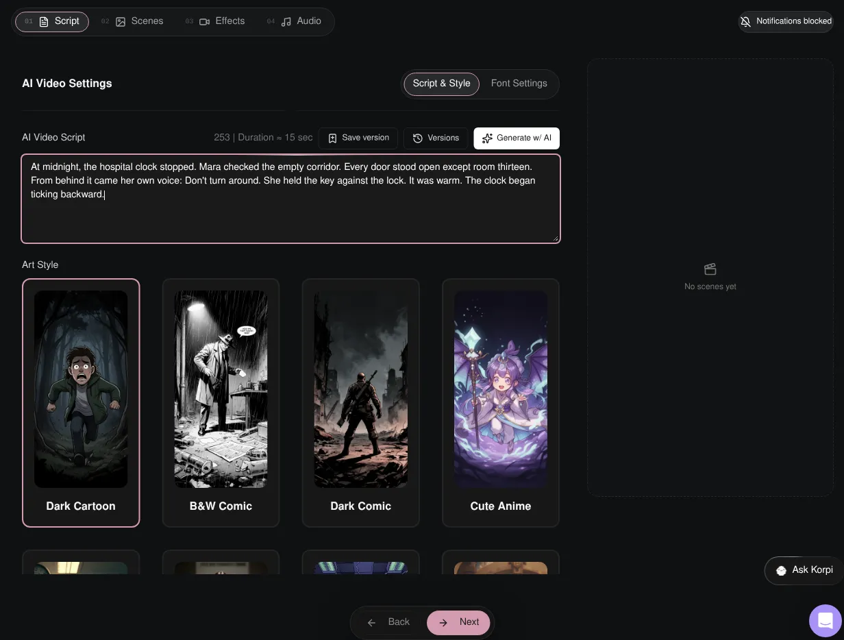 Korpi AI Story Script screen configured with a scary-story premise