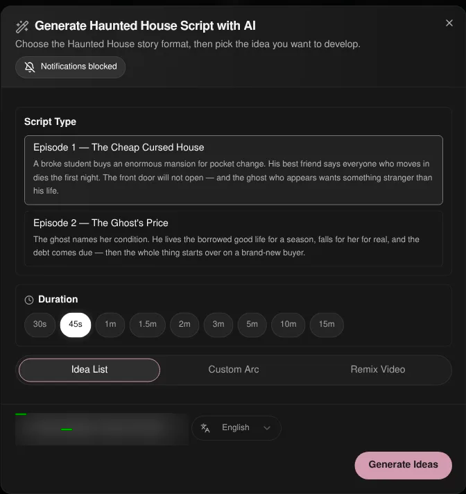 Korpi Generate Haunted House Script dialog with Episode 1 The Cheap Cursed House and Episode 2 The Ghost’s Price