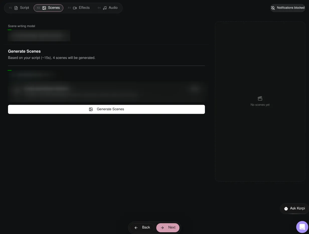 Korpi AI Story Scenes screen before new image generation
