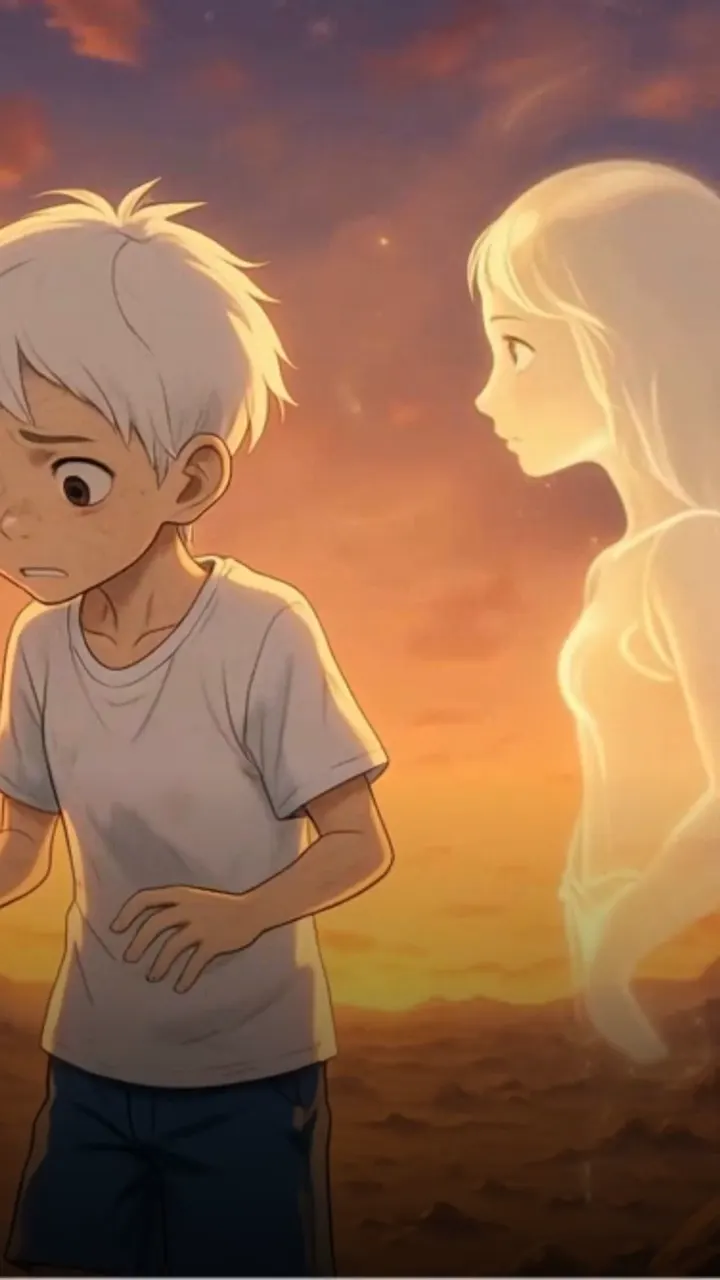 A pale ghostly girl appearing beside a white-haired boy at dusk, from the AI Story example