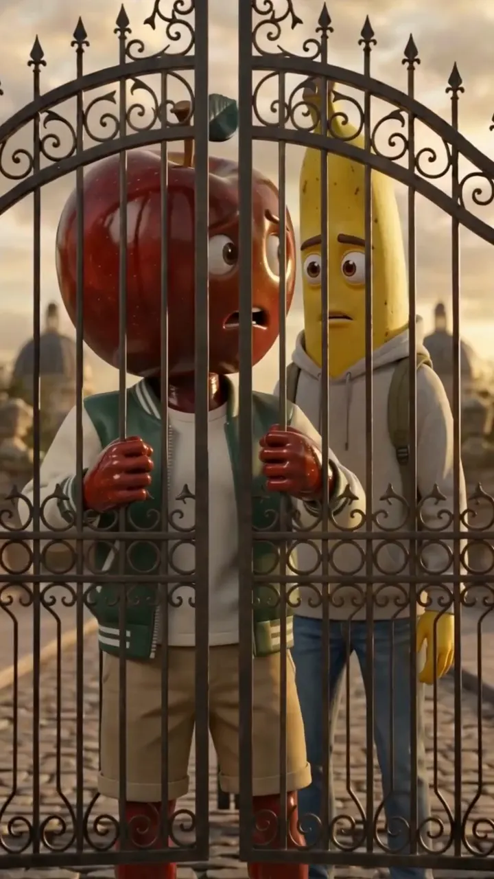A tomato-headed figure and a banana-headed student behind the iron gates of a mansion, from the Haunted House example