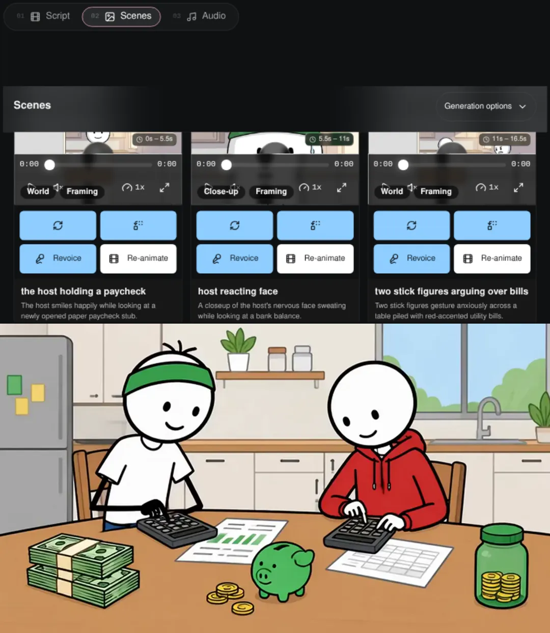 Korpi Scenes tab with World and Close-up scene cards, and a kitchen scene of two stick figures with calculators, cash and a piggy bank