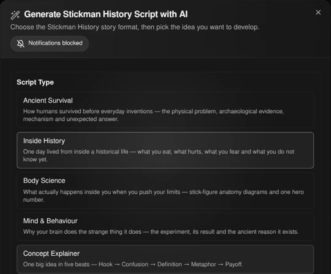 Korpi Generate w/ AI dialog with Inside History selected