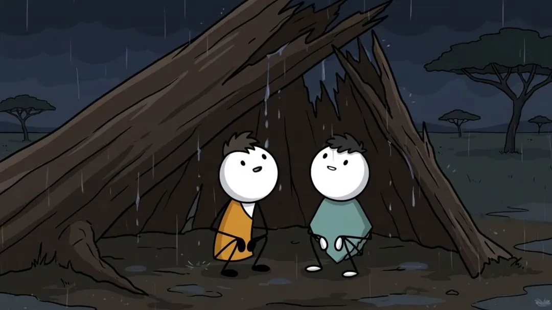 Two stick figures sheltering under a fallen tree in the rain, from the Stickman Ancient example