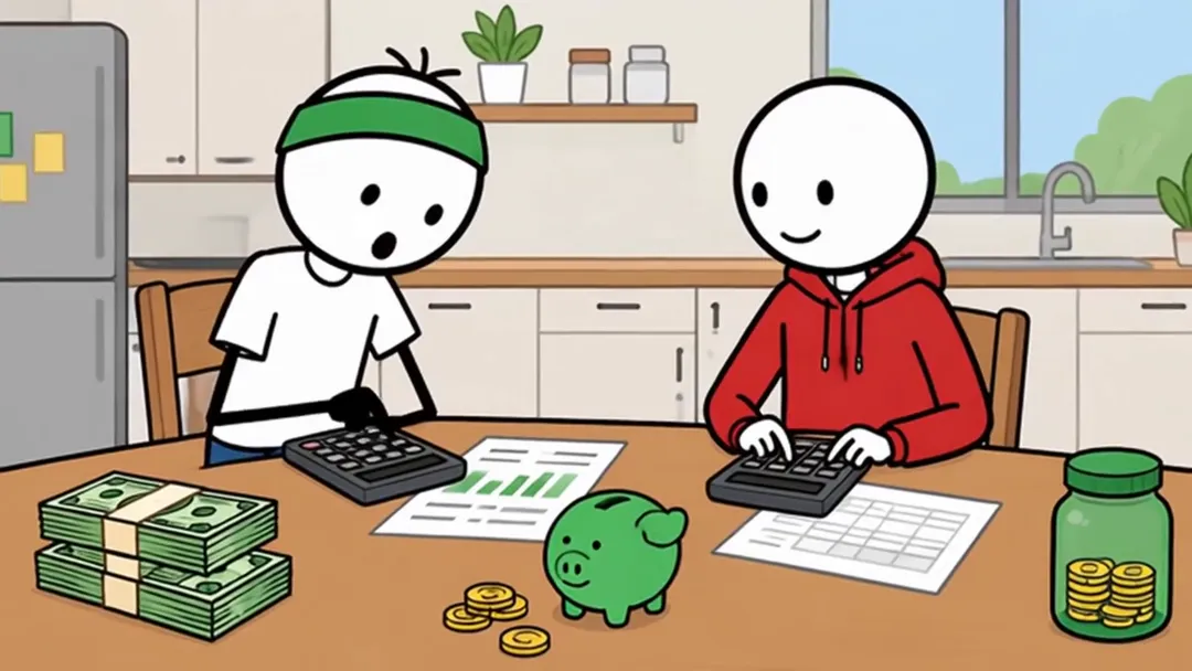 Two stick figures doing their budget at a kitchen table with cash, a calculator and a piggy bank, from the Stickman Finance example