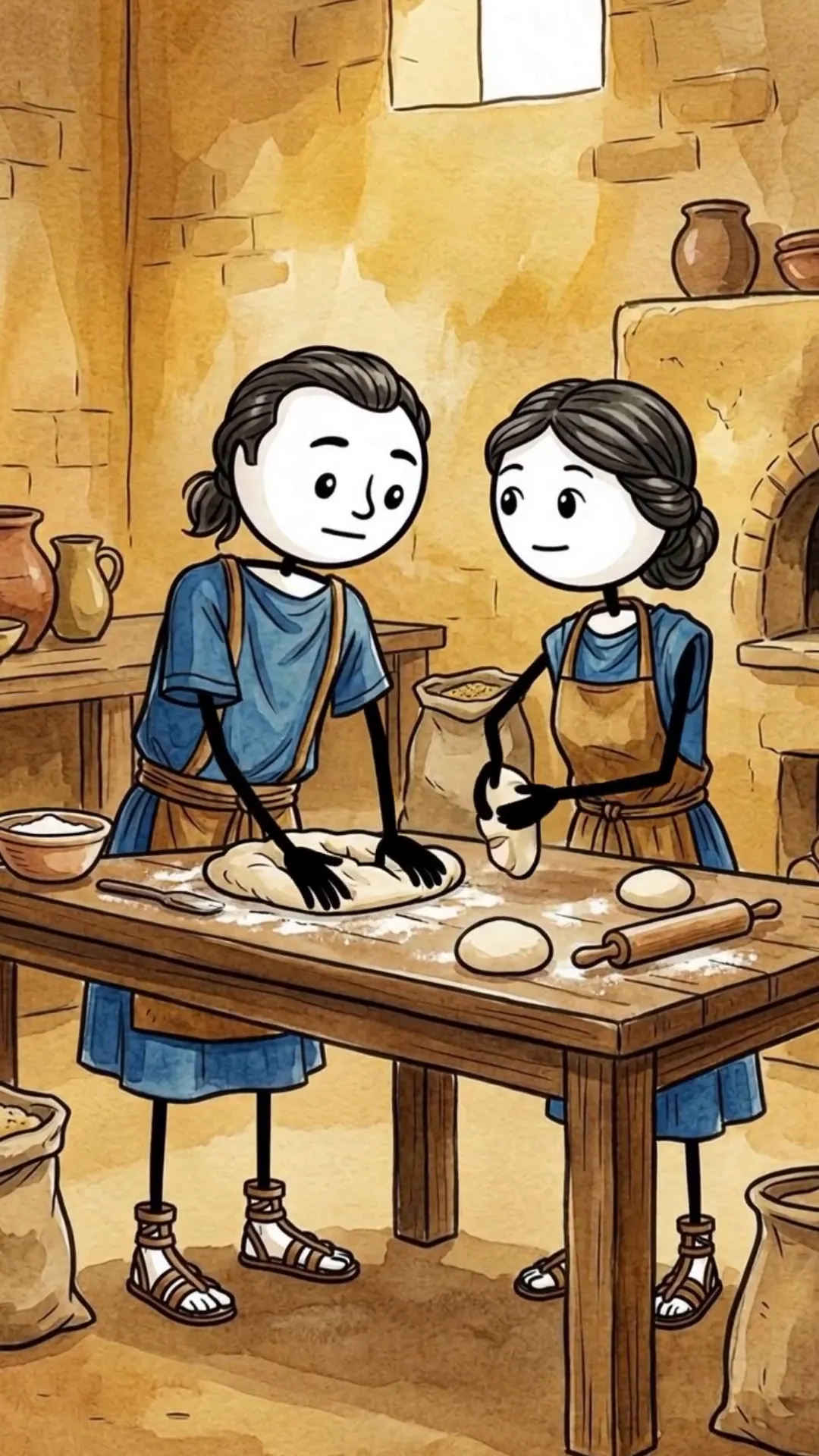 Stick figures in period clothing at a wooden table in a warm parchment-style room, from the Stickman History example